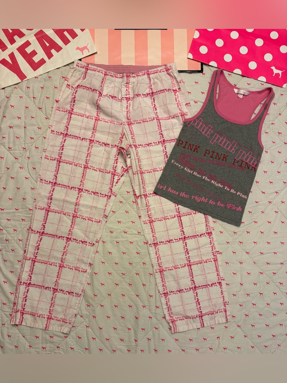 VS PINK VINTAGE Y2K PJ PAJAMA SET “EVERY GIRL HAS THE RIGHT TO BE PINK” LOGO HTF